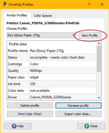 PrintFab Toolbox, color profile dialog