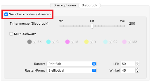 PrintFab Tinteneinstellungen